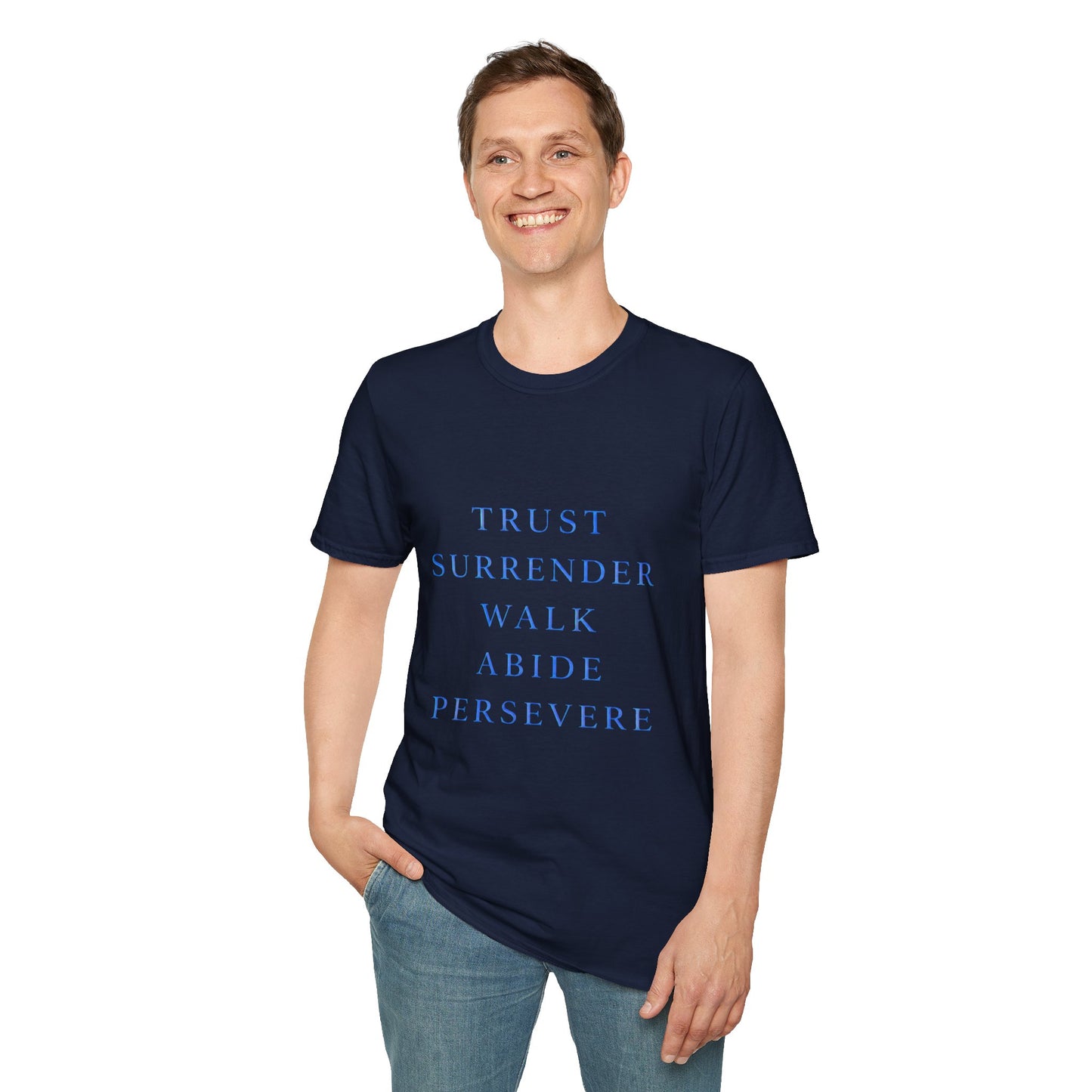 Trust Surrender Walk Abide Persevere™ Womens V-Neck Tee | Catholic Inspirational Shirt | Sunnyside Life™