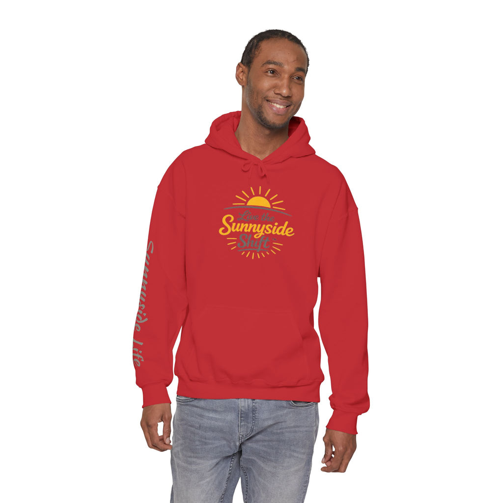 Live The Sunnyside Shift™ — Retro Sun Script Hooded Sweatshirt