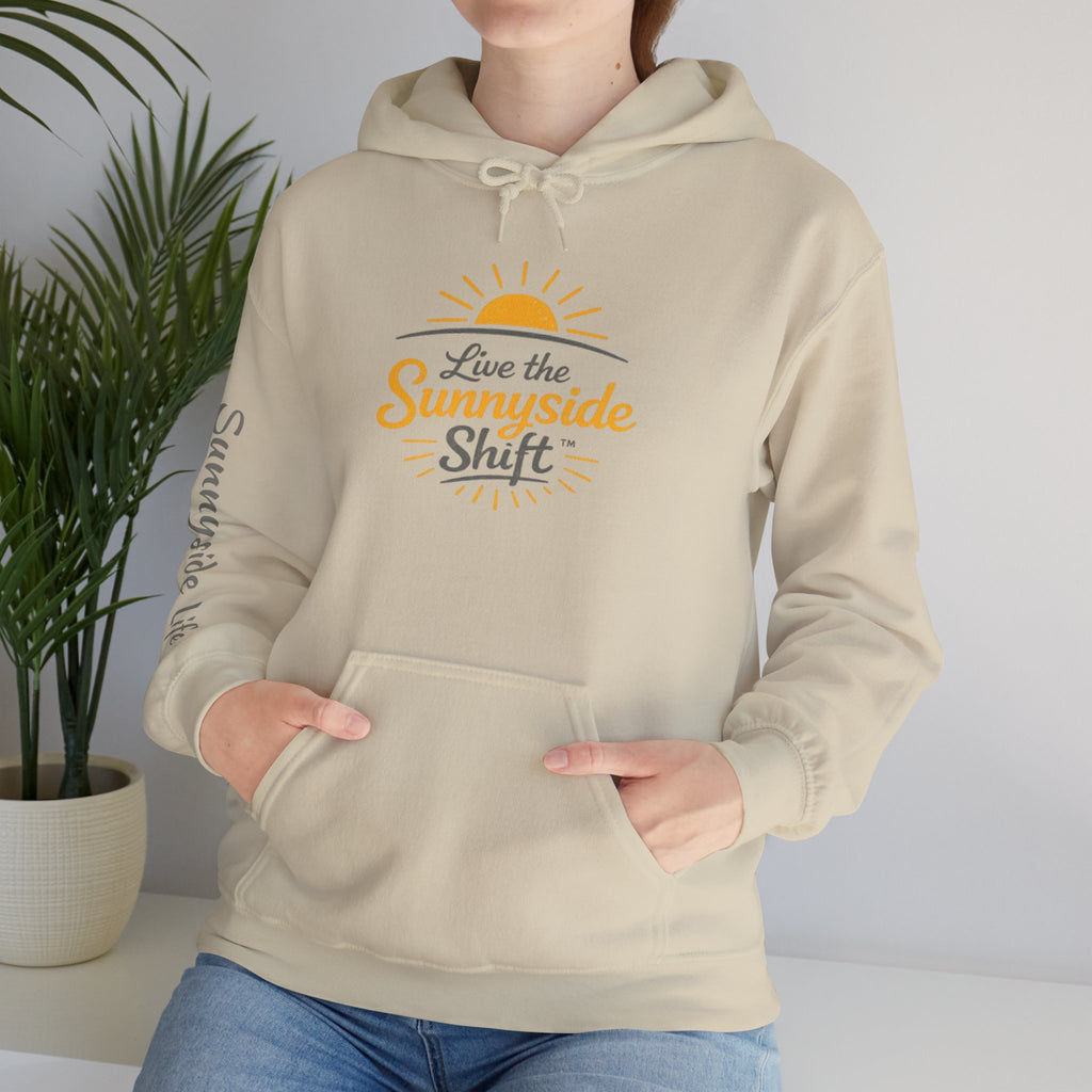 Live The Sunnyside Shift™ — Retro Sun Script Hooded Sweatshirt