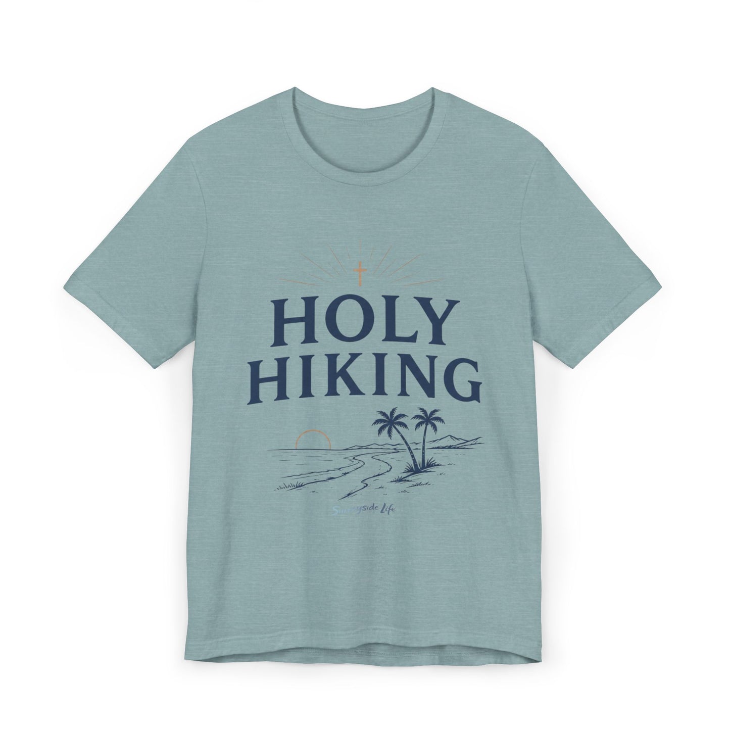 Holy Hiking™ Womens V-Neck Tee | Catholic Trail Shirt | “Evil Can’t Catch Me” Tropical Faith Hiking Tee