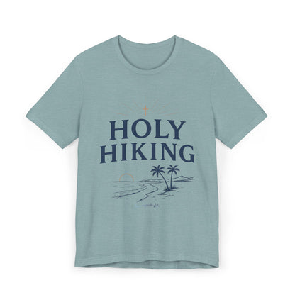 Holy Hiking™ Womens V-Neck Tee | Catholic Trail Shirt | “Evil Can’t Catch Me” Tropical Faith Hiking Tee