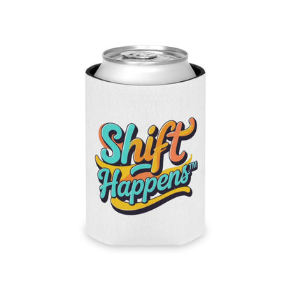 Shift Happens™ Retro Can Cooler | Funny Motivational Beverage Holder | Cerulean & Sunshine Yellow Drink Sleeve