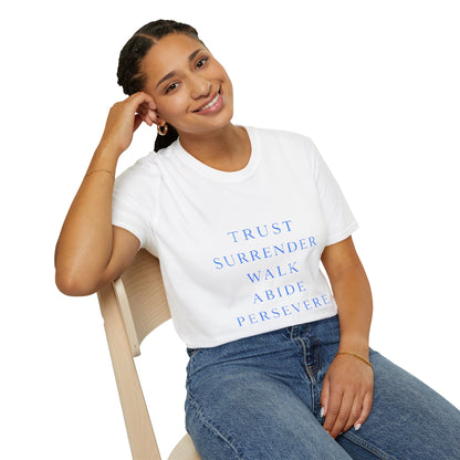 Trust Surrender Walk Abide Persevere™ Womens V-Neck Tee | Catholic Inspirational Shirt | Sunnyside Life™
