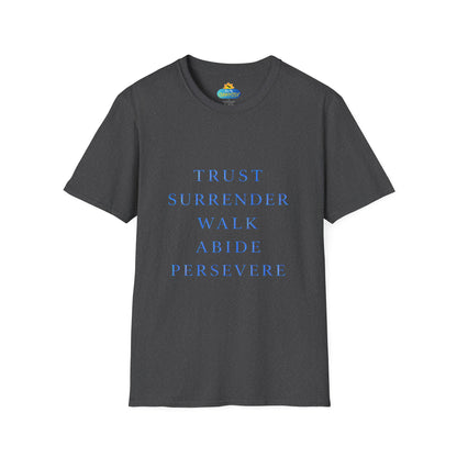 Trust Surrender Walk Abide Persevere™ Womens V-Neck Tee | Catholic Inspirational Shirt | Sunnyside Life™