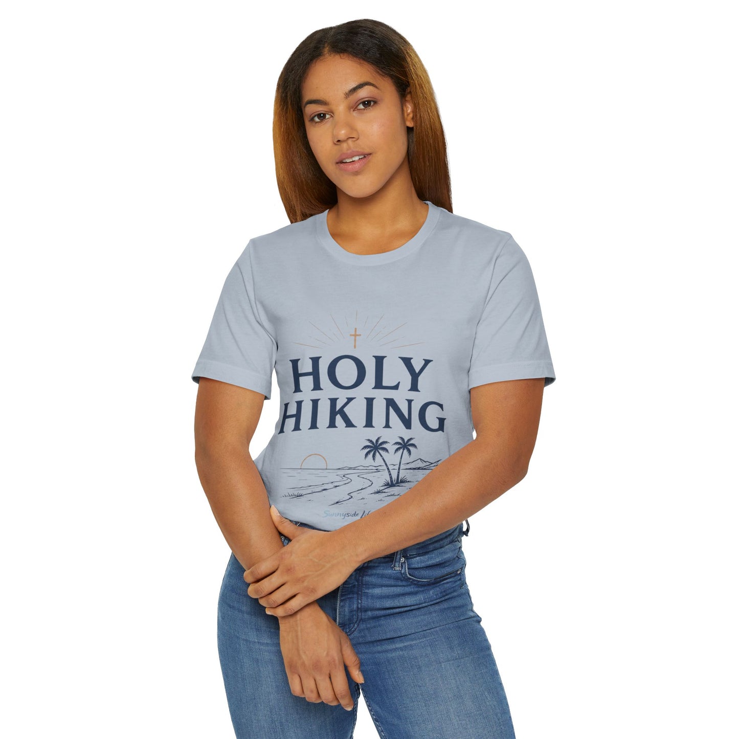 Holy Hiking™ Womens V-Neck Tee | Catholic Trail Shirt | “Evil Can’t Catch Me” Tropical Faith Hiking Tee