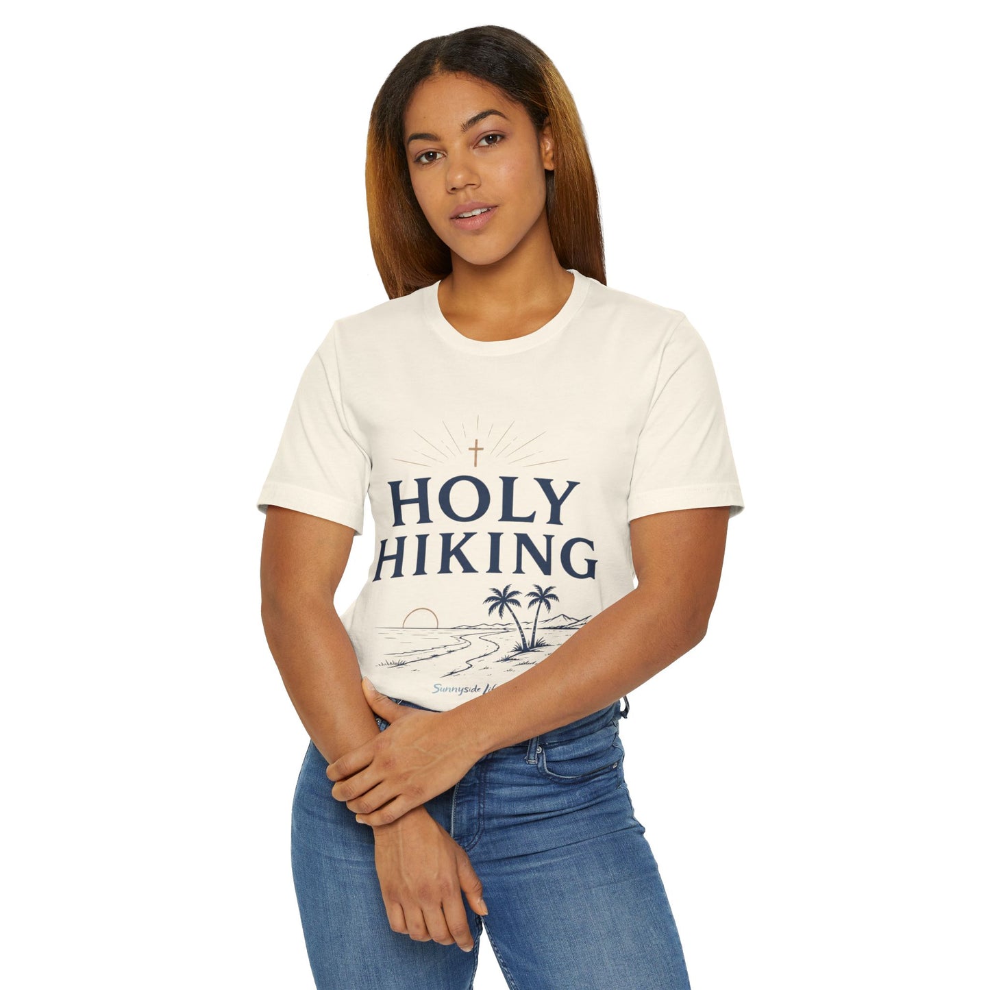 Holy Hiking™ Womens V-Neck Tee | Catholic Trail Shirt | “Evil Can’t Catch Me” Tropical Faith Hiking Tee