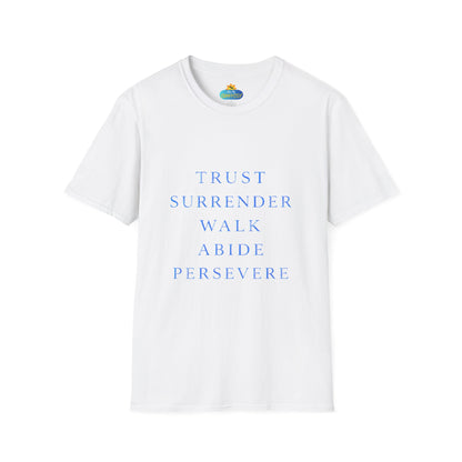 Trust Surrender Walk Abide Persevere™ Womens V-Neck Tee | Catholic Inspirational Shirt | Sunnyside Life™