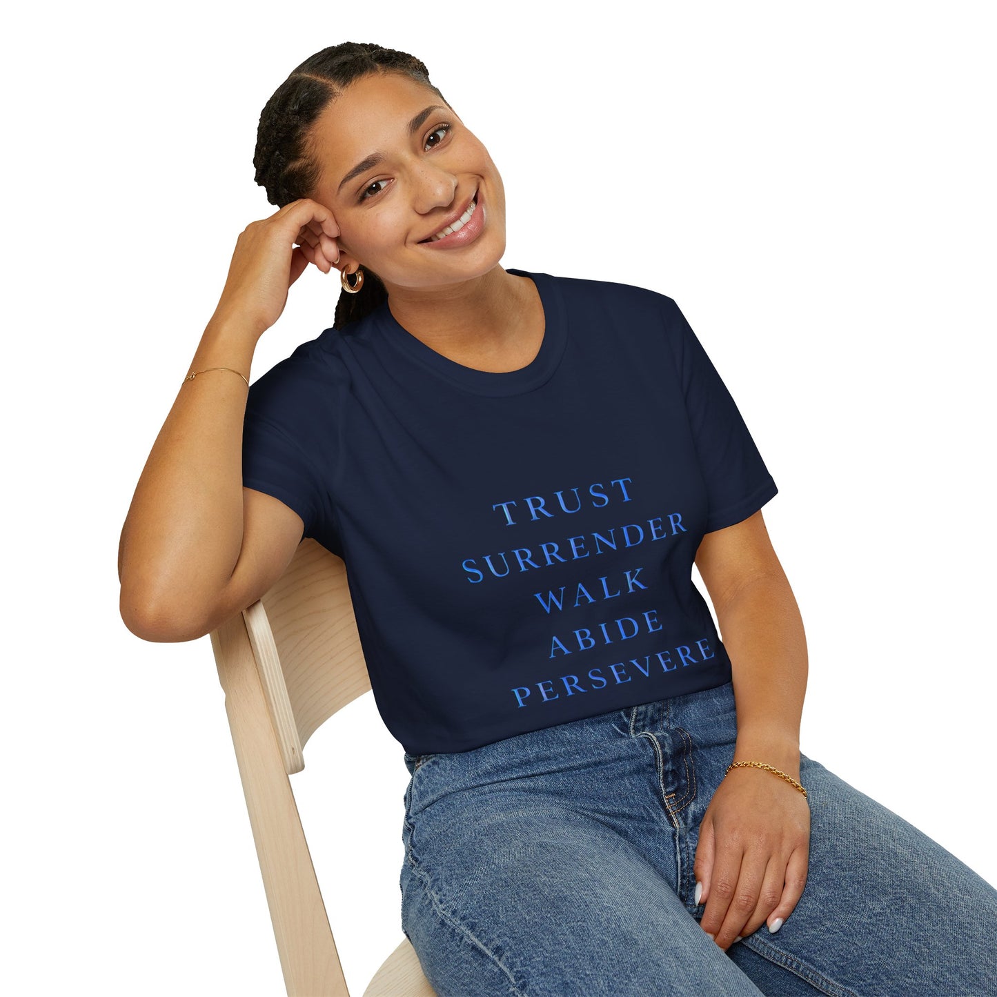 Trust Surrender Walk Abide Persevere™ Womens V-Neck Tee | Catholic Inspirational Shirt | Sunnyside Life™