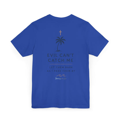 Holy Hiking™ Womens V-Neck Tee | Catholic Trail Shirt | “Evil Can’t Catch Me” Tropical Faith Hiking Tee