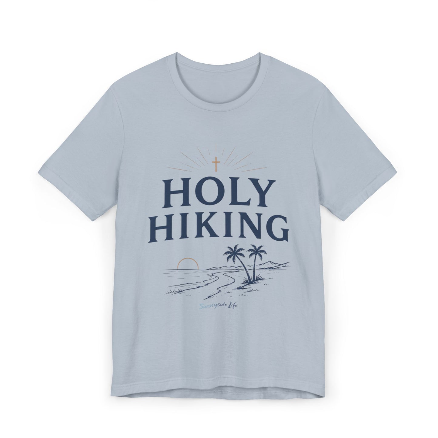Holy Hiking™ Womens V-Neck Tee | Catholic Trail Shirt | “Evil Can’t Catch Me” Tropical Faith Hiking Tee