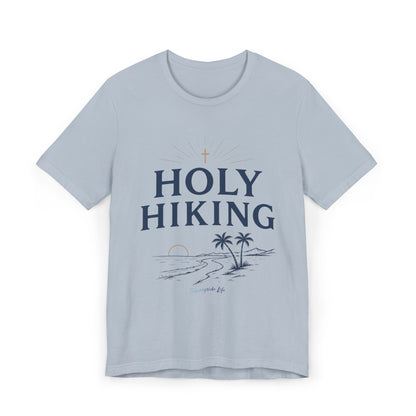 Holy Hiking™ Womens V-Neck Tee | Catholic Trail Shirt | “Evil Can’t Catch Me” Tropical Faith Hiking Tee