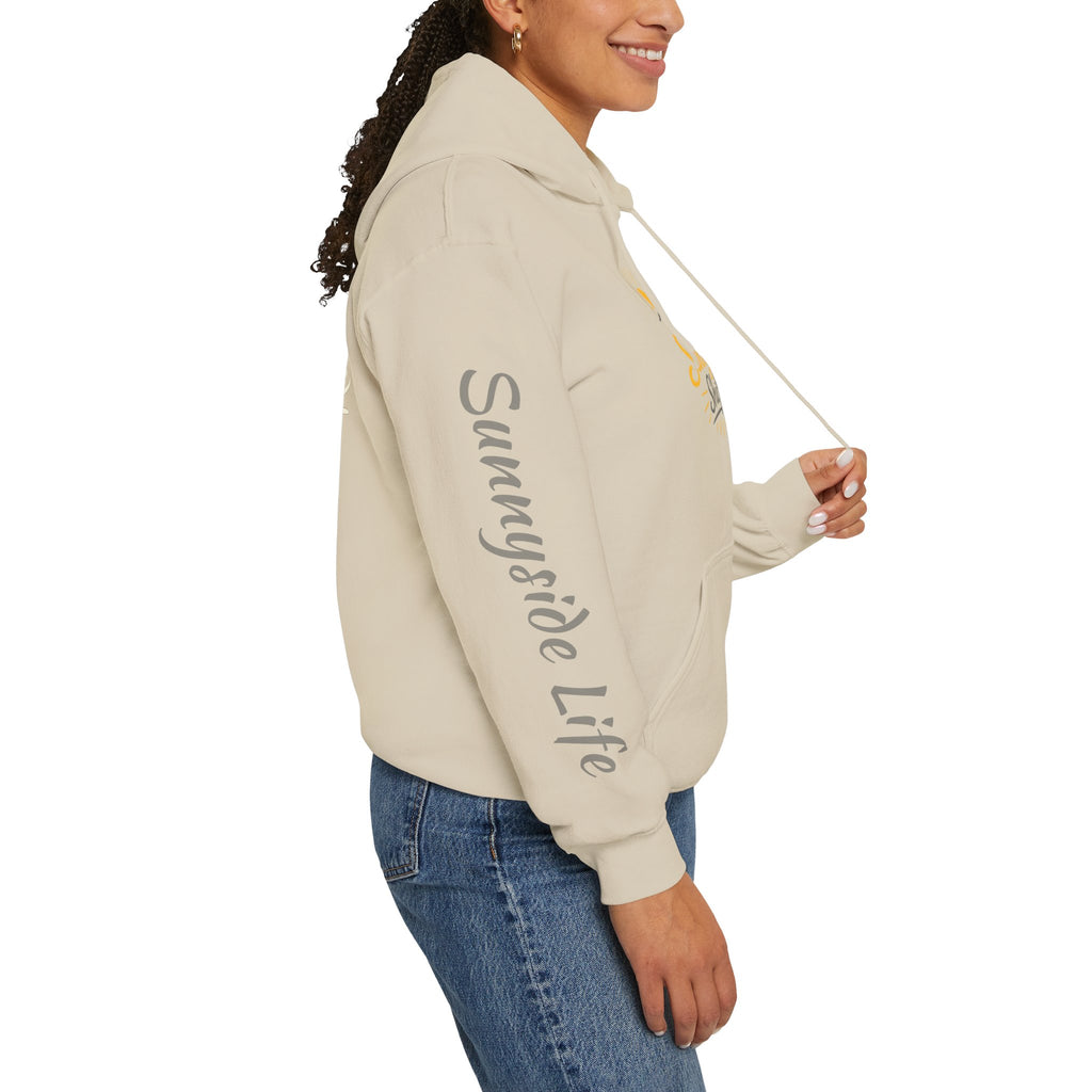 Live The Sunnyside Shift™ — Retro Sun Script Hooded Sweatshirt