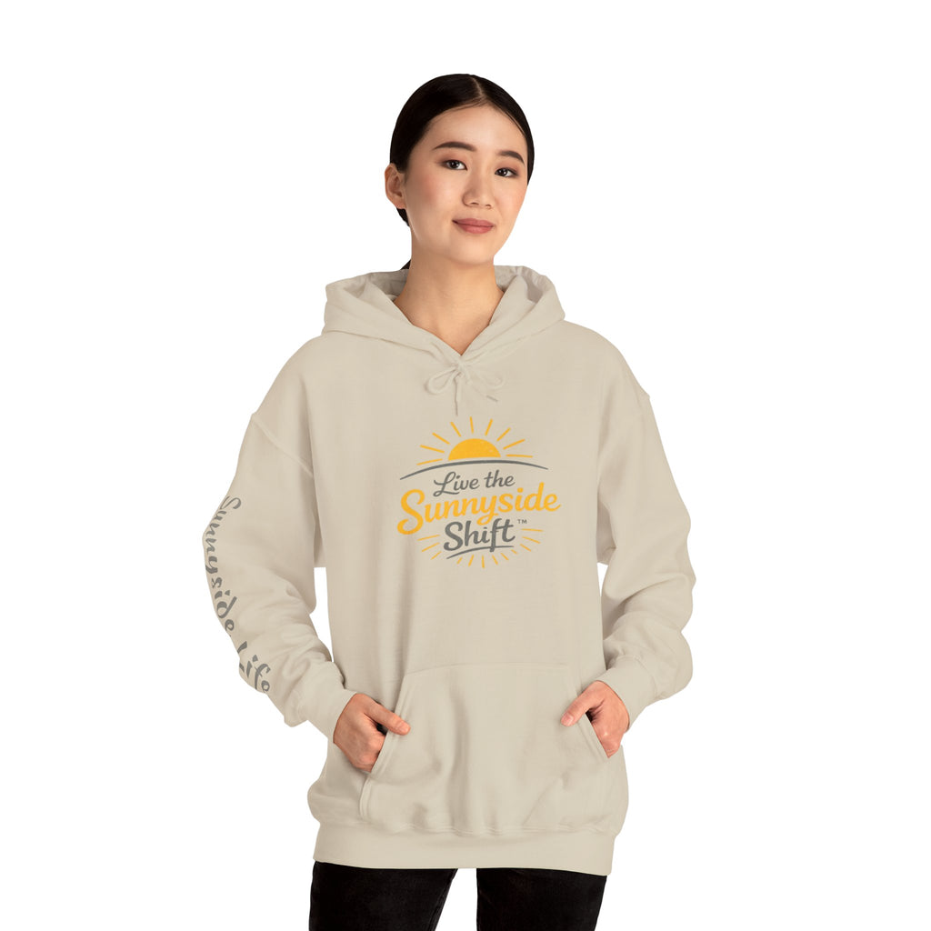 Live The Sunnyside Shift™ — Retro Sun Script Hooded Sweatshirt