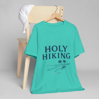 Holy Hiking™ Womens V-Neck Tee | Catholic Trail Shirt | “Evil Can’t Catch Me” Tropical Faith Hiking Tee