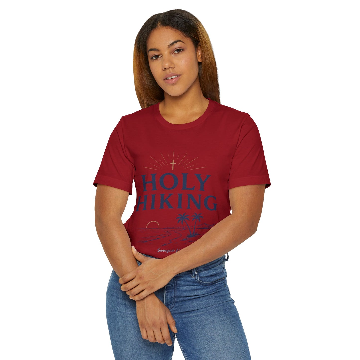 Holy Hiking™ Womens V-Neck Tee | Catholic Trail Shirt | “Evil Can’t Catch Me” Tropical Faith Hiking Tee