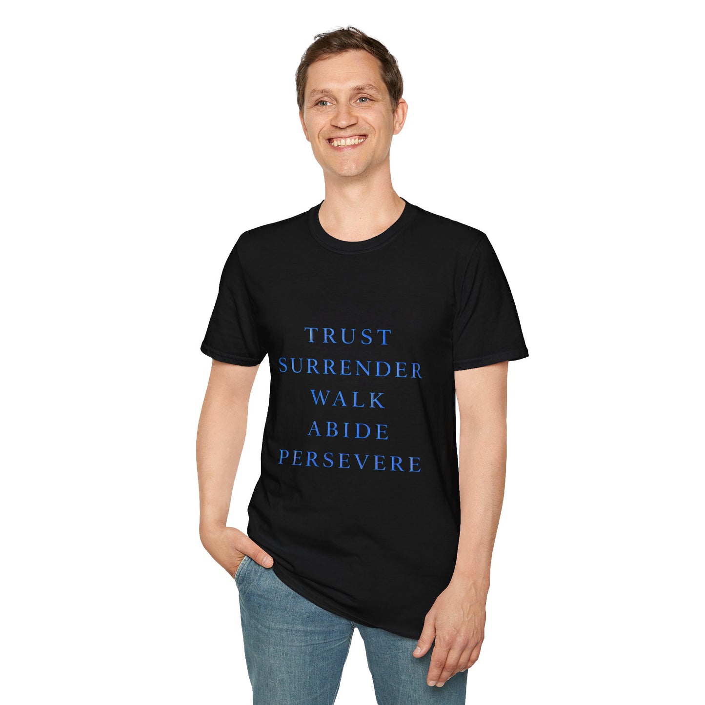 Trust Surrender Walk Abide Persevere™ Womens V-Neck Tee | Catholic Inspirational Shirt | Sunnyside Life™