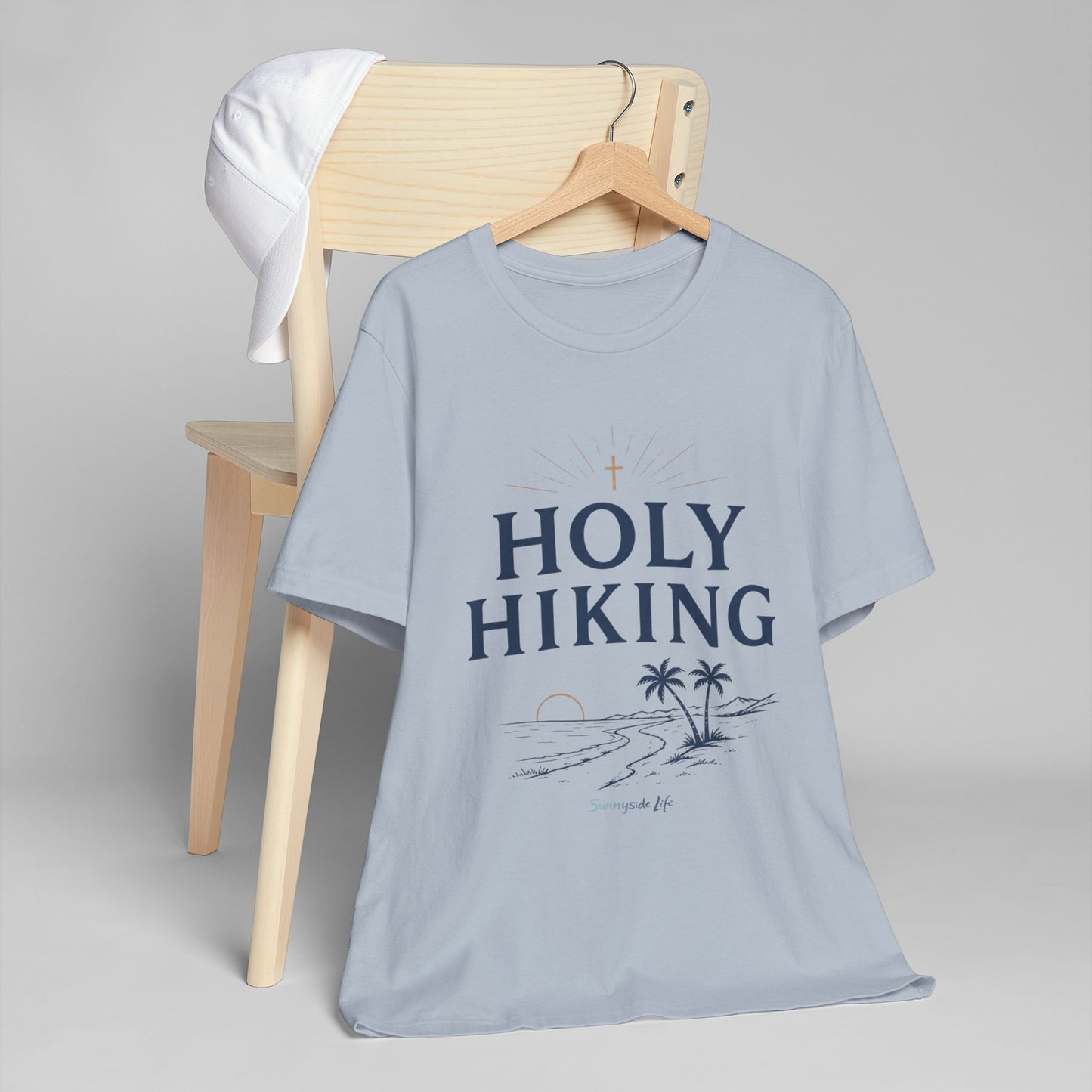 Holy Hiking™ Womens V-Neck Tee | Catholic Trail Shirt | “Evil Can’t Catch Me” Tropical Faith Hiking Tee