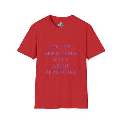 Trust Surrender Walk Abide Persevere™ Womens V-Neck Tee | Catholic Inspirational Shirt | Sunnyside Life™