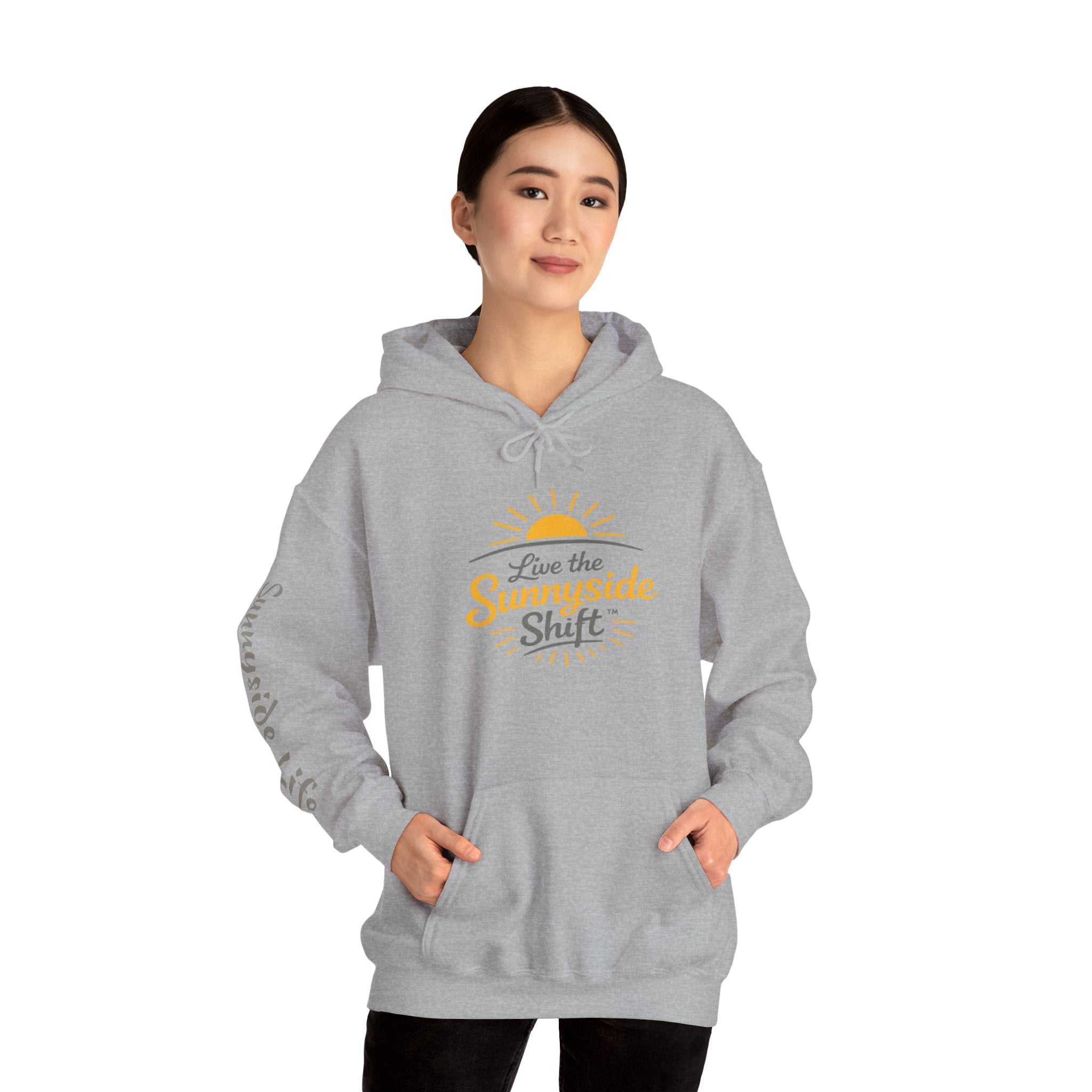 Live The Sunnyside Shift™ — Retro Sun Script Hooded Sweatshirt