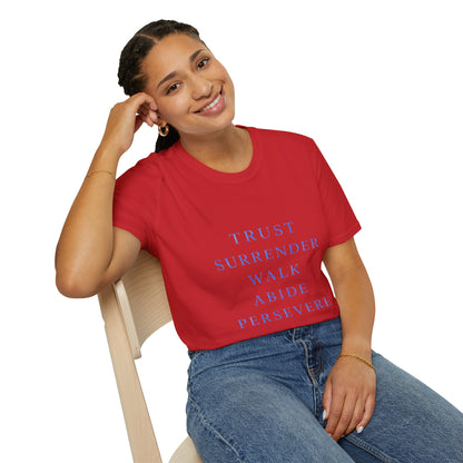 Trust Surrender Walk Abide Persevere™ Womens V-Neck Tee | Catholic Inspirational Shirt | Sunnyside Life™