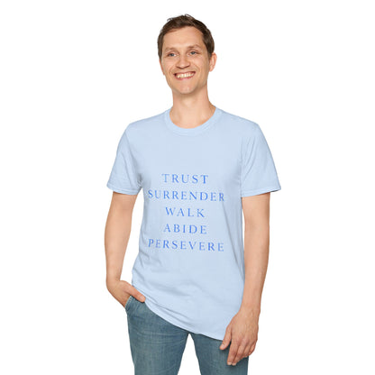 Trust Surrender Walk Abide Persevere™ Womens V-Neck Tee | Catholic Inspirational Shirt | Sunnyside Life™