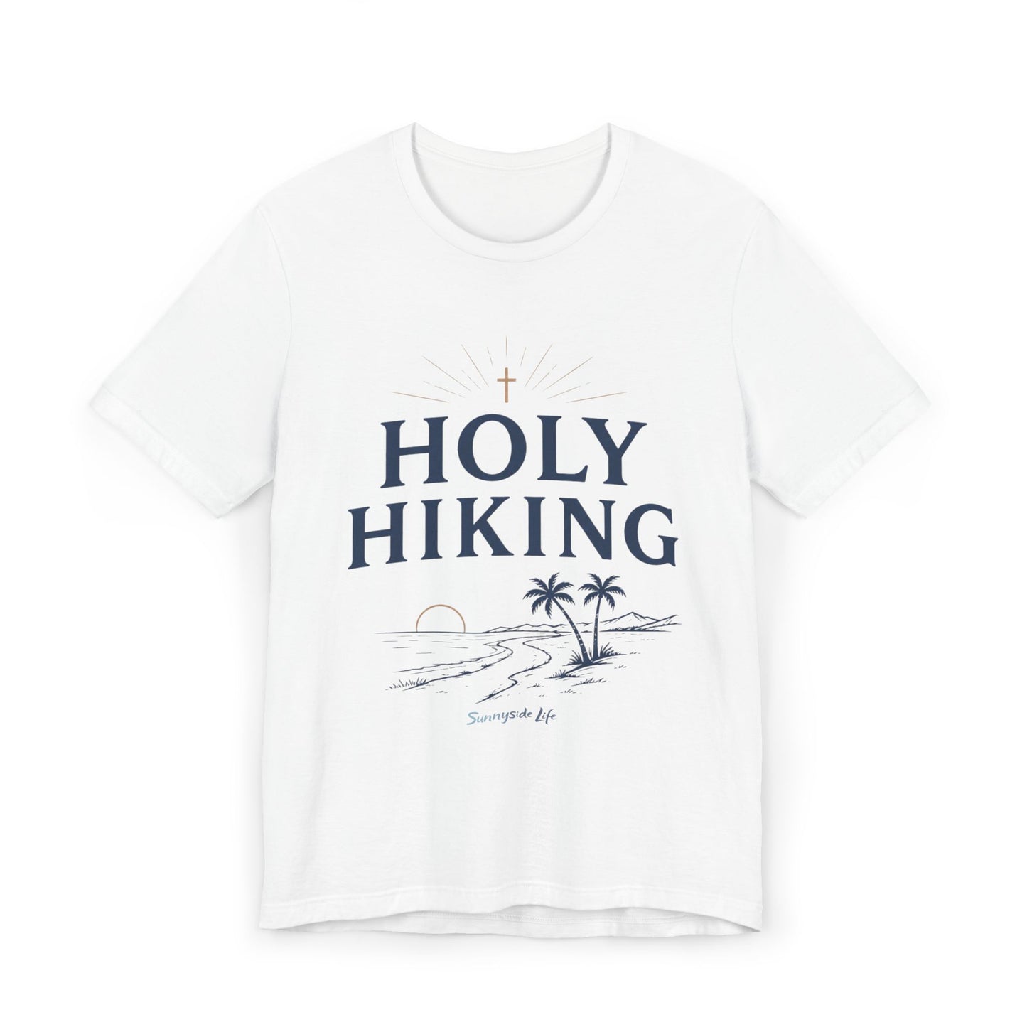Holy Hiking™ Womens V-Neck Tee | Catholic Trail Shirt | “Evil Can’t Catch Me” Tropical Faith Hiking Tee
