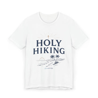Holy Hiking™ Womens V-Neck Tee | Catholic Trail Shirt | “Evil Can’t Catch Me” Tropical Faith Hiking Tee