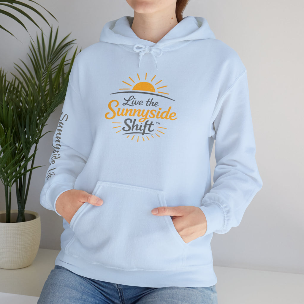 Live The Sunnyside Shift™ — Retro Sun Script Hooded Sweatshirt