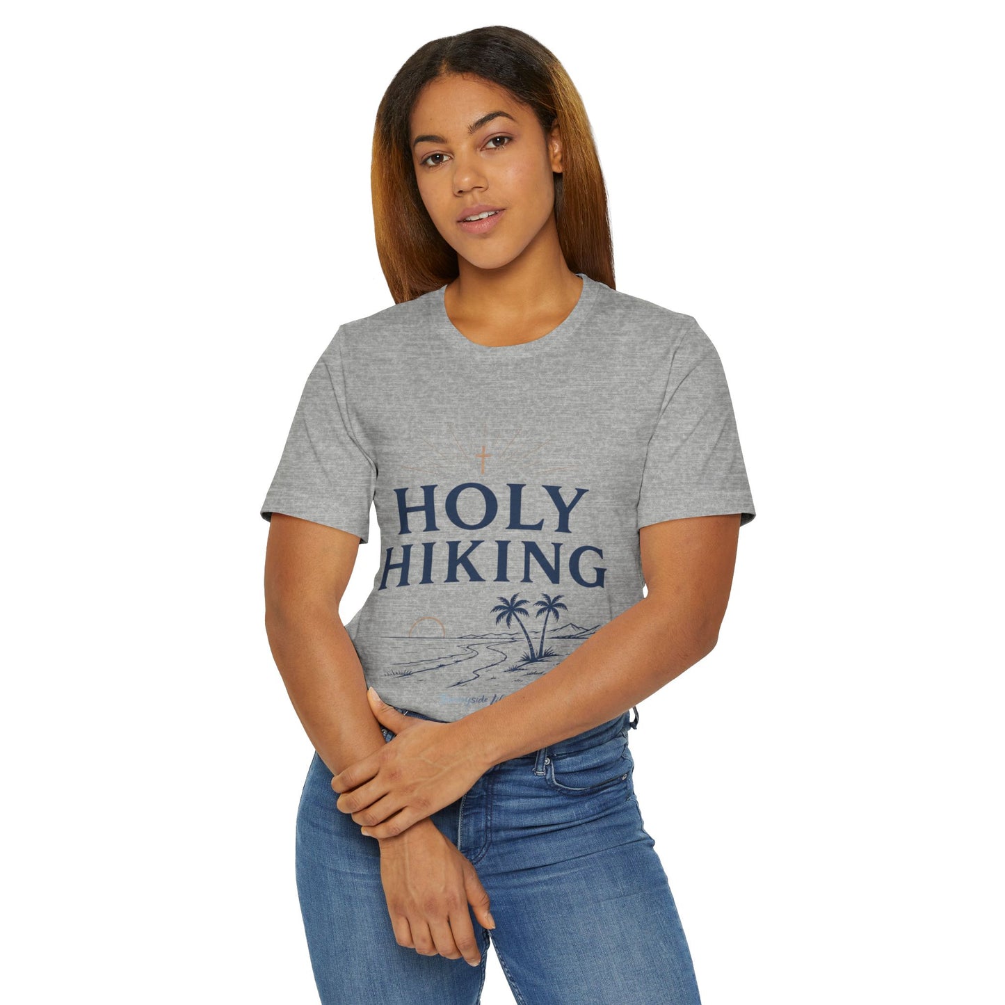 Holy Hiking™ Womens V-Neck Tee | Catholic Trail Shirt | “Evil Can’t Catch Me” Tropical Faith Hiking Tee