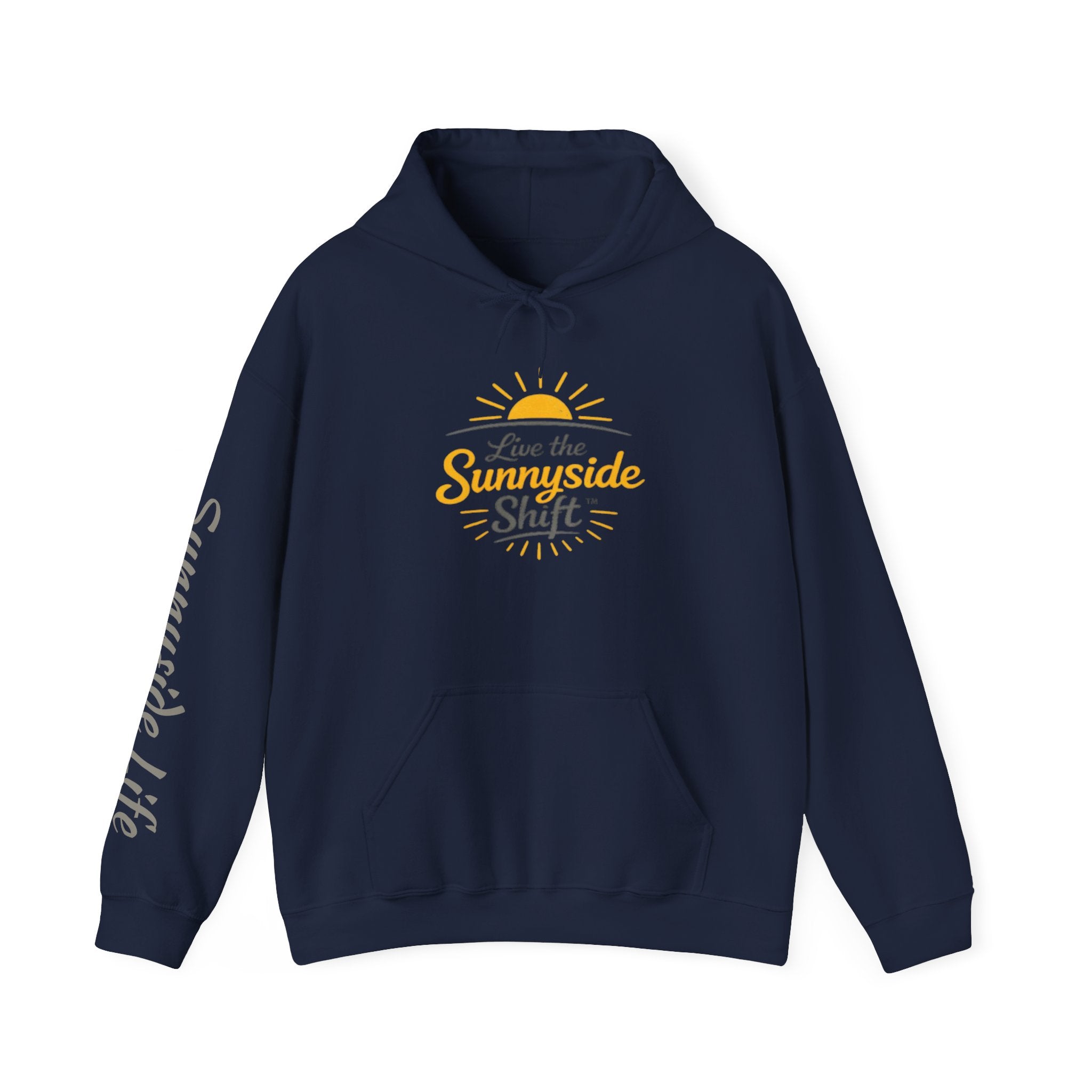 Live The Sunnyside Shift™ — Retro Sun Script Hooded Sweatshirt