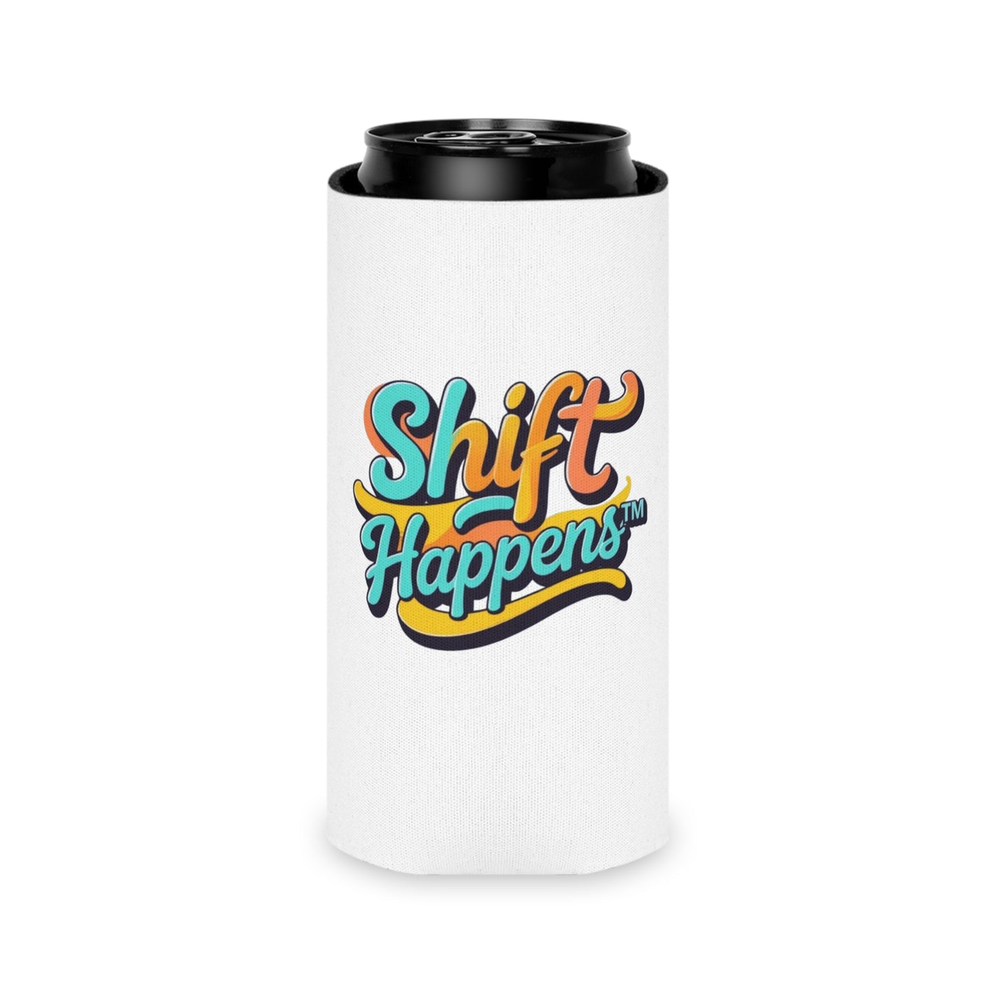 Shift Happens™ Retro Can Cooler | Funny Motivational Beverage Holder | Cerulean & Sunshine Yellow Drink Sleeve