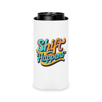 Shift Happens™ Retro Can Cooler | Funny Motivational Beverage Holder | Cerulean & Sunshine Yellow Drink Sleeve