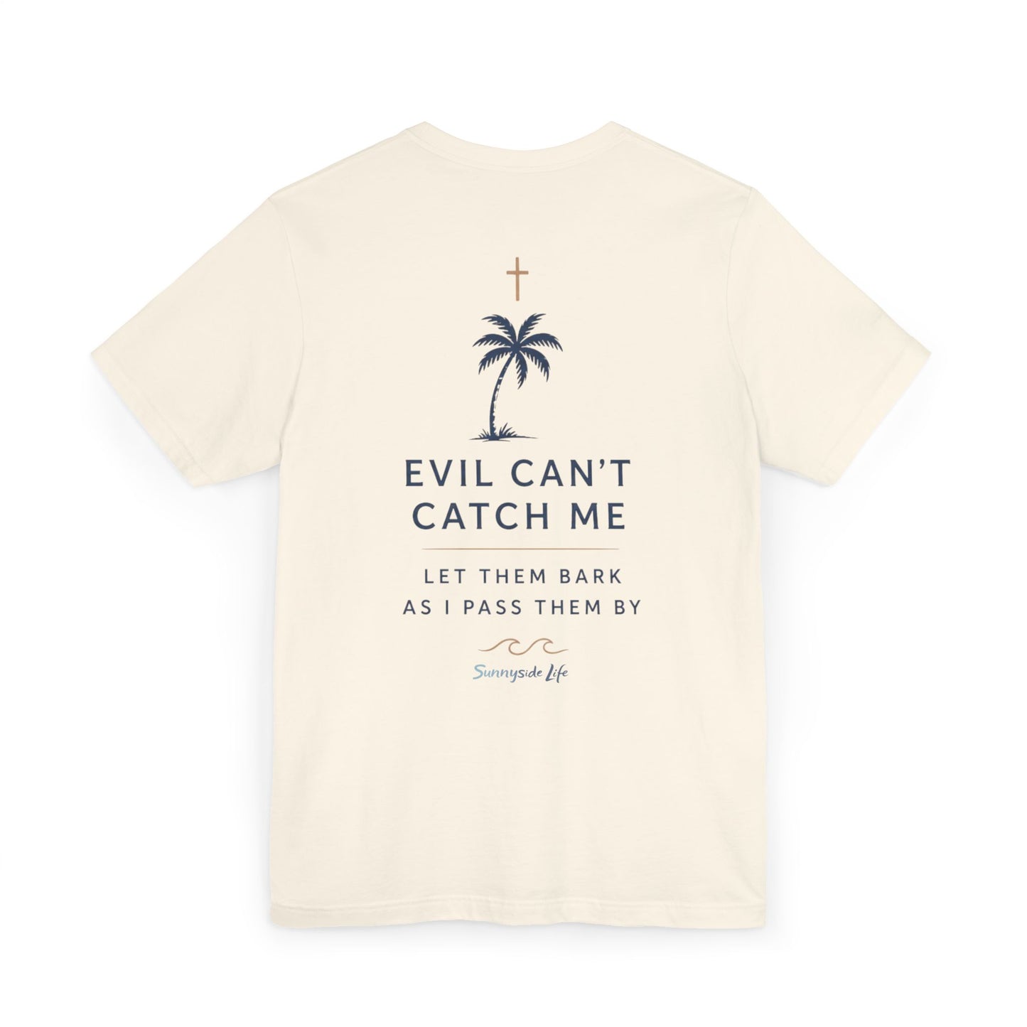 Holy Hiking™ Womens V-Neck Tee | Catholic Trail Shirt | “Evil Can’t Catch Me” Tropical Faith Hiking Tee
