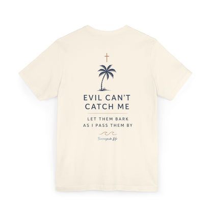 Holy Hiking™ Womens V-Neck Tee | Catholic Trail Shirt | “Evil Can’t Catch Me” Tropical Faith Hiking Tee