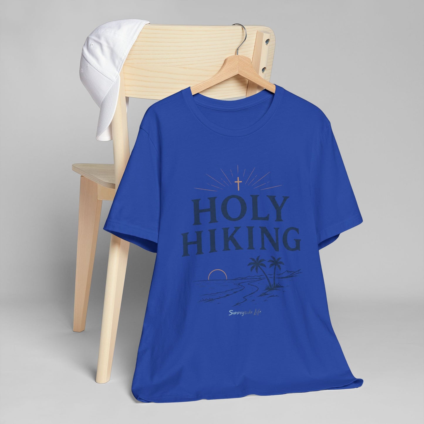 Holy Hiking™ Womens V-Neck Tee | Catholic Trail Shirt | “Evil Can’t Catch Me” Tropical Faith Hiking Tee