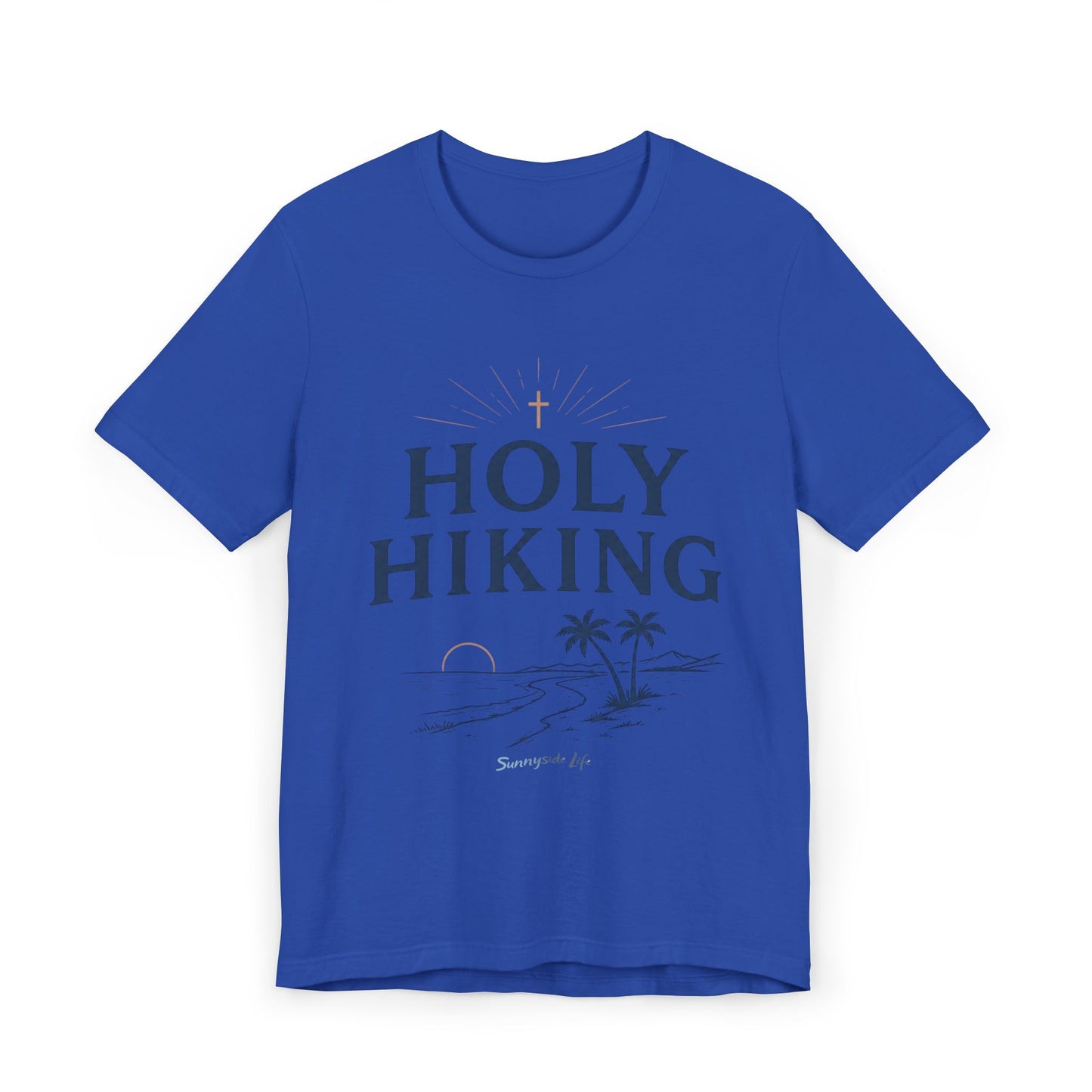Holy Hiking™ Womens V-Neck Tee | Catholic Trail Shirt | “Evil Can’t Catch Me” Tropical Faith Hiking Tee