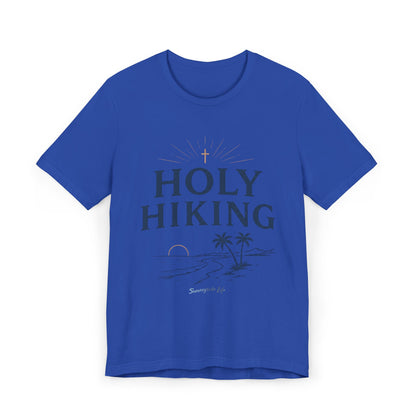 Holy Hiking™ Womens V-Neck Tee | Catholic Trail Shirt | “Evil Can’t Catch Me” Tropical Faith Hiking Tee