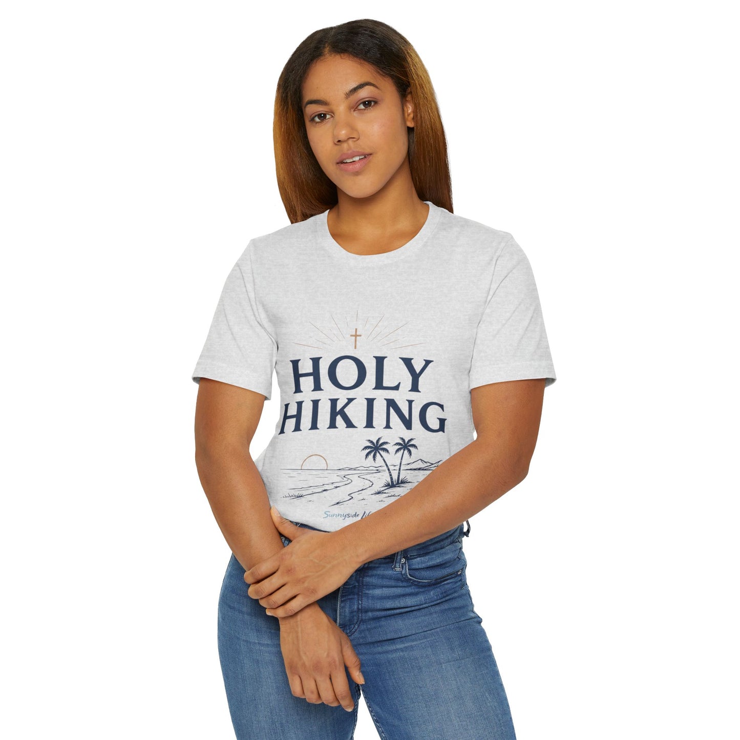 Holy Hiking™ Womens V-Neck Tee | Catholic Trail Shirt | “Evil Can’t Catch Me” Tropical Faith Hiking Tee