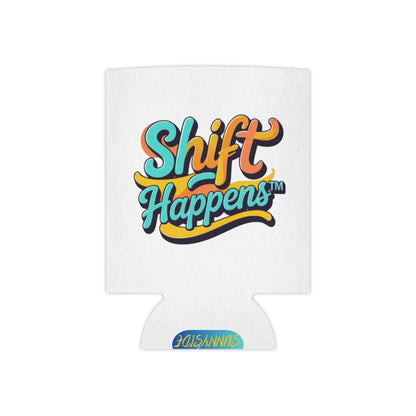 Shift Happens™ Retro Can Cooler | Funny Motivational Beverage Holder | Cerulean & Sunshine Yellow Drink Sleeve
