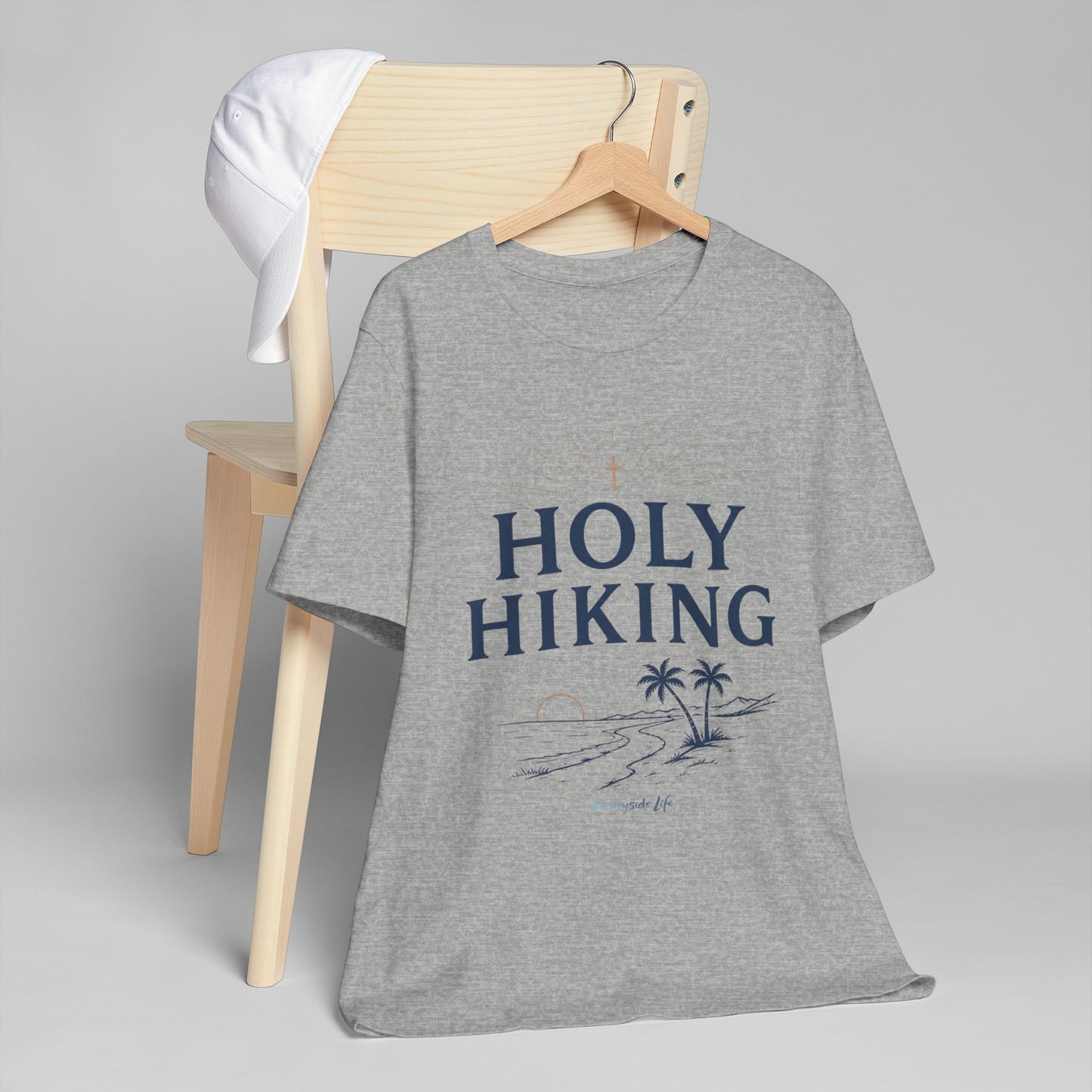 Holy Hiking™ Womens V-Neck Tee | Catholic Trail Shirt | “Evil Can’t Catch Me” Tropical Faith Hiking Tee