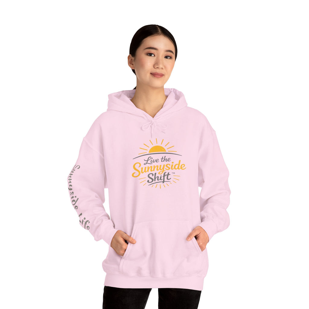 Live The Sunnyside Shift™ — Retro Sun Script Hooded Sweatshirt
