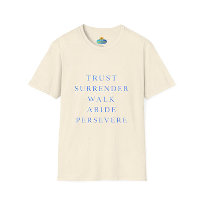 Trust Surrender Walk Abide Persevere™ Womens V-Neck Tee | Catholic Inspirational Shirt | Sunnyside Life™
