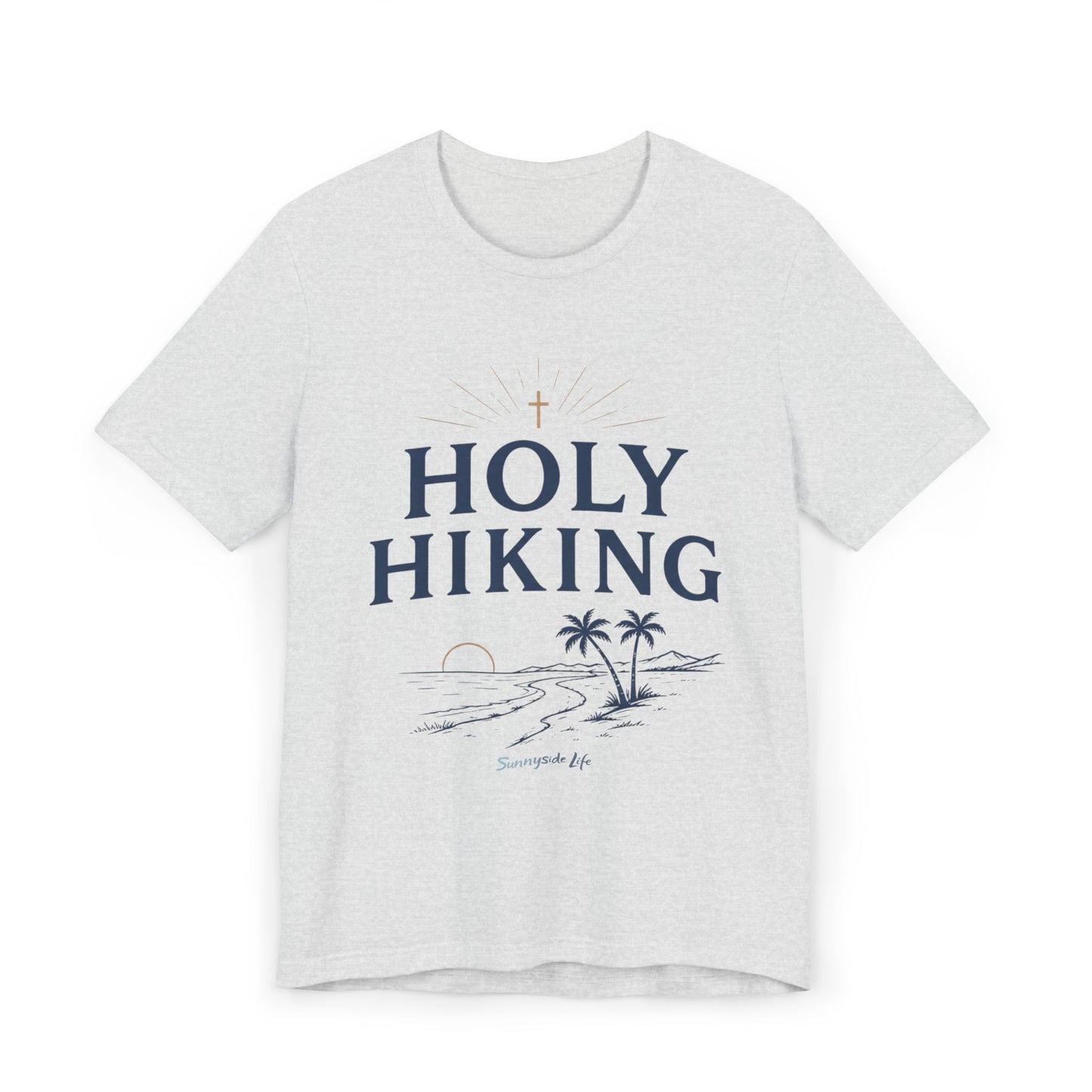 Holy Hiking™ Womens V-Neck Tee | Catholic Trail Shirt | “Evil Can’t Catch Me” Tropical Faith Hiking Tee
