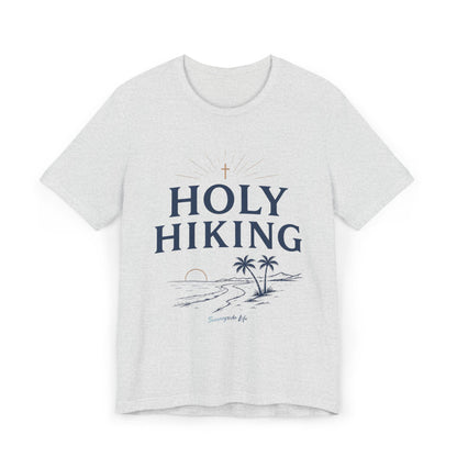 Holy Hiking™ Womens V-Neck Tee | Catholic Trail Shirt | “Evil Can’t Catch Me” Tropical Faith Hiking Tee