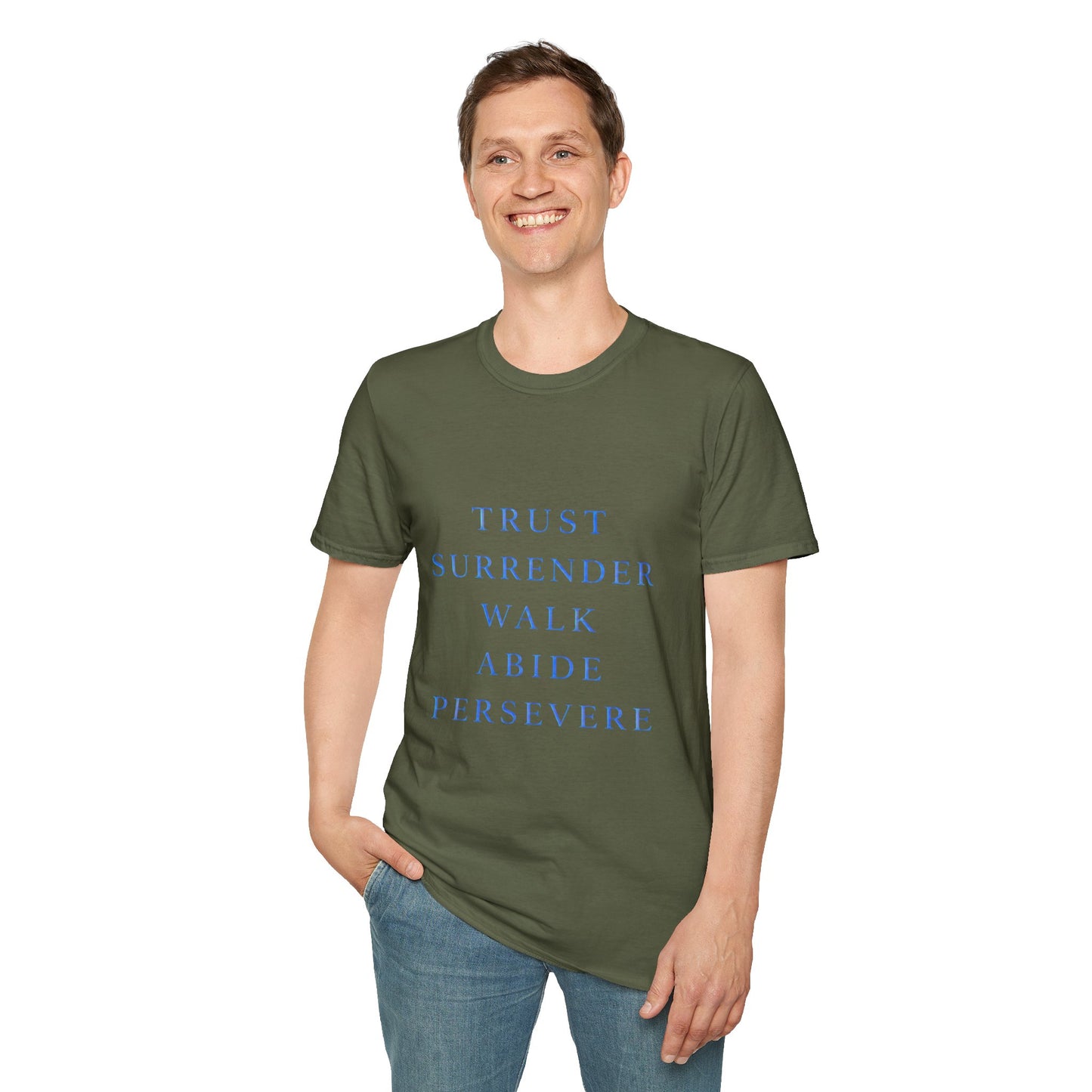 Trust Surrender Walk Abide Persevere™ Womens V-Neck Tee | Catholic Inspirational Shirt | Sunnyside Life™