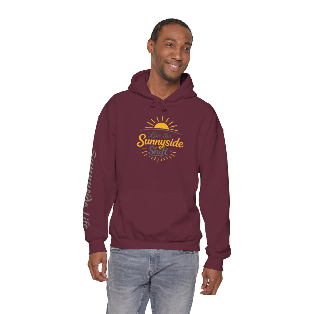 Live The Sunnyside Shift™ — Retro Sun Script Hooded Sweatshirt
